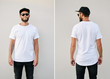 © 4Max - Hipster handsome male model with beard wearing white blank t-shirt and a baseball cap with space for your logo or design in casual urban style. Back and front view