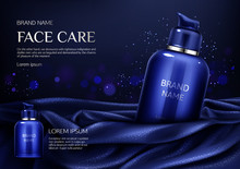 Cosmetics Bottle Mockup Banner, Face Care Spa Beauty Product On Dark Blue Silky Draped Fabric Background With Glittering, Men Cosmetic Pump Tube Package Ad Design. Realistic 3d Vector Illustration,