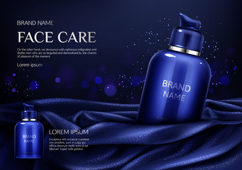 Cosmetics bottle mockup banner, face care spa beauty product on dark blue silky draped fabric background with glittering, men cosmetic pump tube package ad design. Realistic 3d vector illustration,