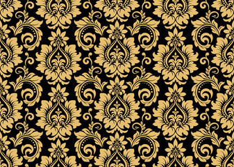 Wallpaper in the style of Baroque. Seamless vector background. Gold and black floral ornament. Graphic pattern for fabric, wallpaper, packaging. Ornate Damask flower ornament