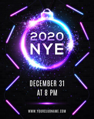 2020 New Year Eve Party Celebration Poster Template Illustration with Neon Lights Line Bulb Number and Christmas Ball on Black Brick Wall Background. Vector Holiday Premium Invitation Flyer or Banner.