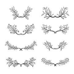 Hand drawn doodle floral wreath collection. Decorative element set. Rustic laurels collection