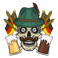 Wall Mural - Illustration for oktoberfest. Skull in Tyrolean hat, with ears of wheat and glass of beer.