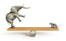 Concept Of Things Importance. Elephant And Mouse Balanced On A Seesaw. 3d Illustration