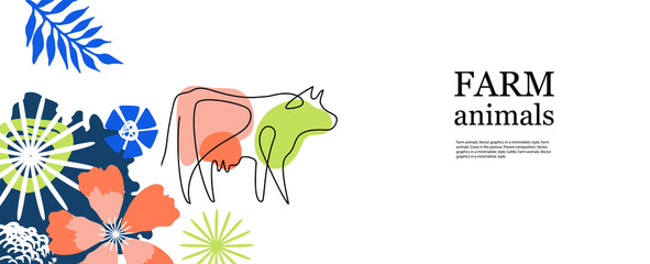 Wall Mural - Horizontal agricultural banner. Cow drawn in one line.