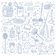 Vector Cleaning Doodle Elements Set Isolated On White Background. Hand Drawn Bucket, Sponge, Detergent, Hose, Plunger And Steam Cleaner Illustration
