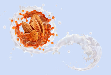 Fresh natural almond caramel milk 3D splash swirl, almonds isolated. Healthy splashing almonds milk, milk shake, almond seeds, yogurt, cream waves. Organic liquid splash nuts dairy design commercial