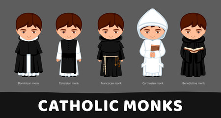 Catholic monks. Carthusians, Franciscans, Cistercians, Benedictines and Dominicans. Set of cartoon characters. Vector flat illustration.