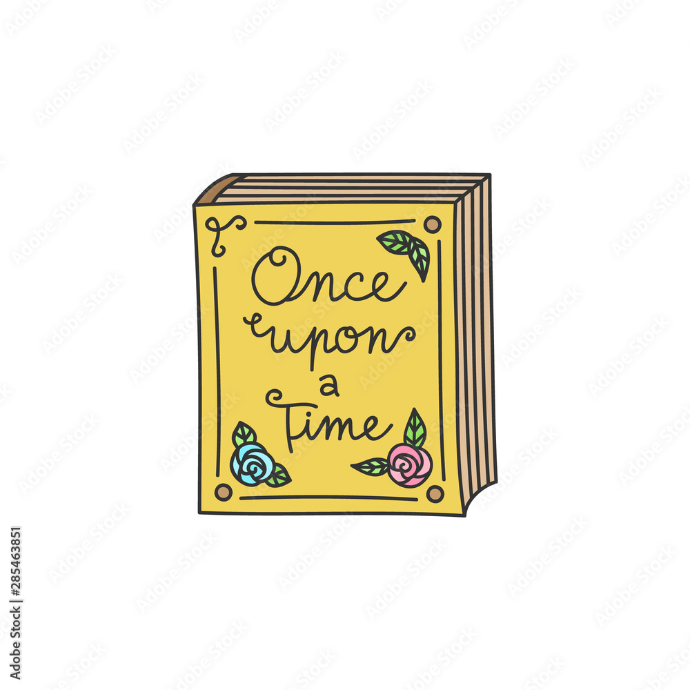 Fairytale, storybook vector illustration. Once upon a time, bedtime old,  vintage book decorated with roses. Hand drawn isolated outlined icon,  sticker. Stock Vector | Adobe Stock, image size:1000x1000