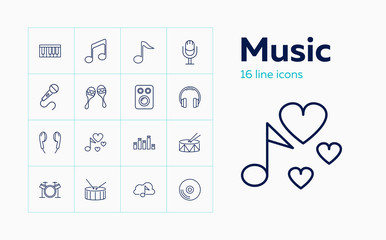 Wall Mural - Music line icon set. Note, headphone, drum. Audio concept. Can be used for topics like musical instrument, sound hardware, concert