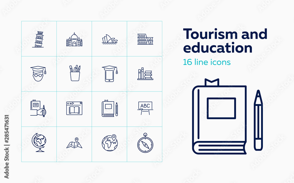 Tourism and education icons. Set of line icons. Book, sightseeing ...