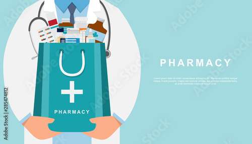 Cuadros en Lienzo pharmacy background with doctor holding a medicine bag