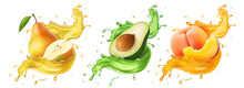 Pear, Avocado. Peach Fresh Fruits And Splashes, 3d Realistic Vector Icon Set