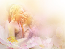 Golden Monk Statues Sitting In A Row And Floral Abstract Pink Blossom Water Lily With Pastel Vintage Soft Style.