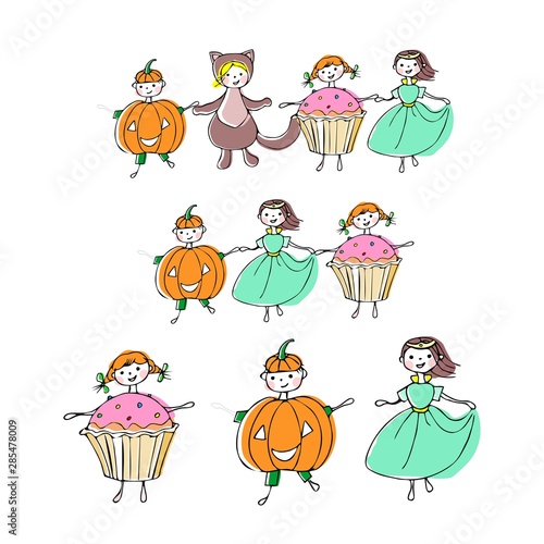 Vector Illustration Set Children In Food Costumes Pumpkin Cat Cupcake Princess Halloween Costumes Fancy Dresses Buy This Stock Illustration And Explore Similar Illustrations At Adobe Stock Adobe Stock