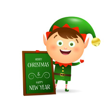 Cute Elf Wishing Merry Christmas. Signboard, Green Costume, Message. Christmas Concept. Realistic Vector Illustration Can Be Used For Greeting Cards, New Year Banner And Poster Design