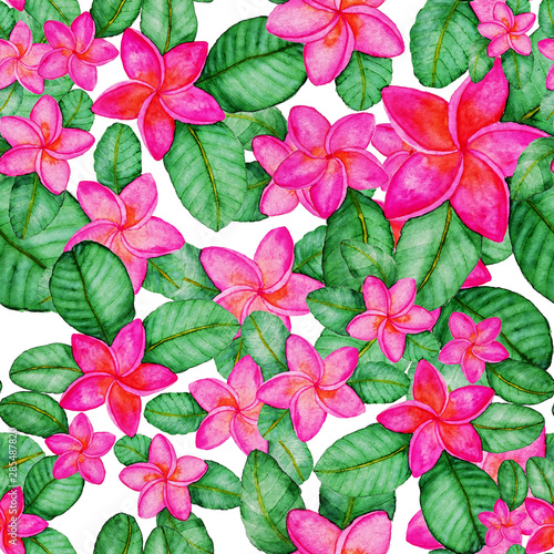 Watercolor seamless pattern with plumeria. Tropical floral print. Beautiful a...