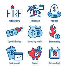 Retirement Savings Icon Set - money bags, nest egg, calendar and more