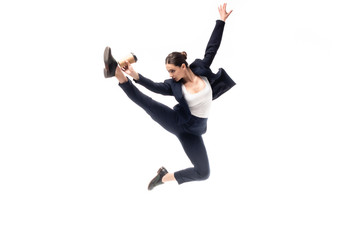 young businesswoman jumping in dance while golding paper cup isolated on white