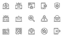 Hacking Vector Line Icons Set. Cyber Virus, Digital Protection, Hacker Attack, Internet Security. Editable Stroke. 48x48 Pixel Perfect.