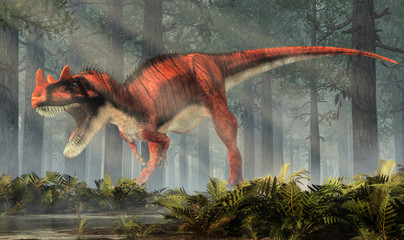 Aufkleber - Ceratosaurus was a carnivorous theropod dinosaur of the Jurassic era most notable for the horns on its snout over its eyes. In a prehistoric forest. 3D Rendering.