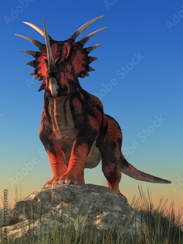 Dekoracja na wymiar  na-skalistym-wzgorzu-stoi-styrakozaur-nazwa-styrakozaur-oznacza-kolczasta-jaszczurke-to