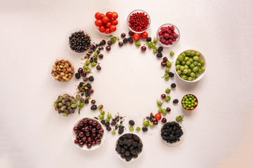 Wall Mural - bowls with fresh berries of cherry, raspberry, strawberry, blackberry, gooseberry, mulberry and grapes copy space