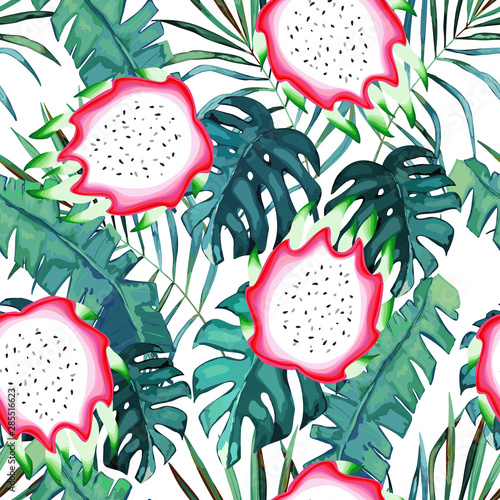 Exotic seamless pattern with green tropical leaves and dragonfruits. Summer v...