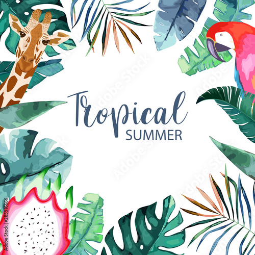 Exotic tropical palm leaves frame. Summer background. Vector illustration. Te...