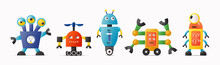 Set Of Cute Vector Robot Characters For Kids. Funny Retro Style Robotics
