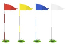 Set Of Golf Flags - Red, Yellow, Blue, White. Triangular Flag In The Hole With Grass. Golf Equipment Or Accessory. Template Design For Sport Competition.