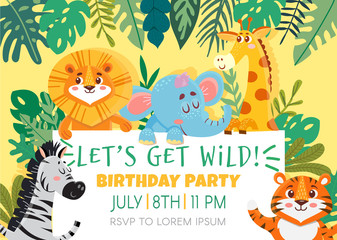 Birthday greeting cards with cute animals. Funny Jungle party. Template invitation. Vector illustration