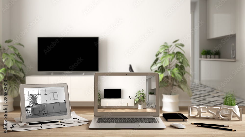 Architect designer desktop concept, laptop and tablet on wooden desk ...