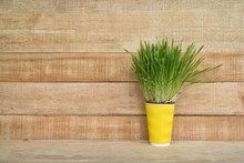 Yellow Flower Pot With Greens On The Table Stands On A Light Brown Wooden Wall Background. Copy Space