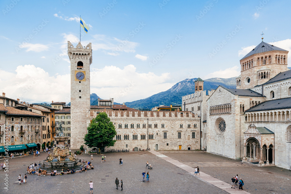 TRENTO, ITALY - JULY 18, 2019 - San Vigilio Cathedral, a Roman Catholic cathedral in Trento, northern Italy - obrazy, fototapety, plakaty 