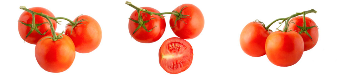 Wall Mural - A banner with tomatoes in different forms, in a cut and branches isolated on a white background, full depth of field, no shadow, poison for design, large resolution