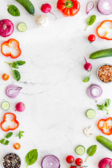 Wall Mural - Frame of colorful vegetables on marble background top view mock up