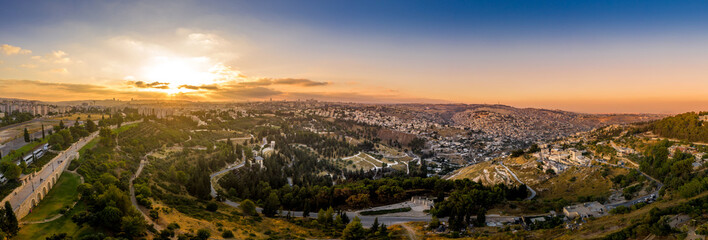 Aerial sunset view of Jerusalem  with the old city and the western parts, Silwan, Rehavia, Abu Tor and talpiyot