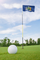 Sticker - New York flag on golf course putting green with a ball near the hole