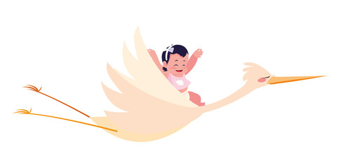 Sticker - stork carrying a cute baby girl