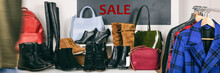 Shopping Black Friday Sale At Shoe Store Banner Panorama. Winter Boots Shop. Sale Sign In Background With Bags, Warm Coats And Leather Booties For Women. Header Background With Blackboard Sign.