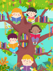 Sticker - Kids Read Tree Library Illustration