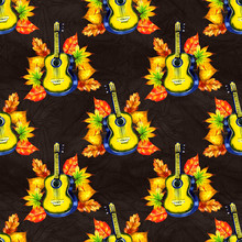 A Seamless Background Pattern With Music Instrument. Watercolor Guitar And Autumn Leaves. Autumnal Repeat Print With Sheet Music, Scraps Of Vintage Letters Etc
