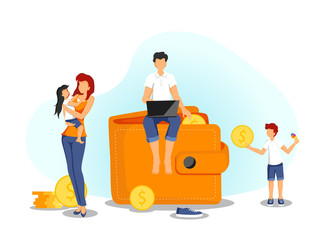 Banner design for Family Finances, Capital, Profits and Savings with young family, purse and cash. Vector illustration in a flat style for poster, banner, presentation, flyer.