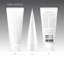 Blank Plastic Tube For Cosmetics With Product Information. Front, Back And Side View. Vector Illustration Isolated On White Background. Can Be Use For Your Design, Advertising, Promo And Etc. EPS10.