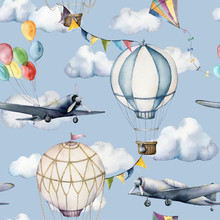 Watercolor Seamless Pattern With Clouds And Aerostates. Hand Painted Sky Illustration With Hot Air Balloons, Planes And Garlands Isolated On Blue Background. For Design, Prints, Fabric Or Background.