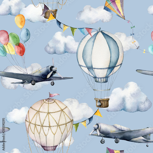 Naklejka dekoracyjna Watercolor seamless pattern with clouds and aerostates. Hand painted sky illustration with hot air balloons, planes and garlands isolated on blue background. For design, prints, fabric or background.