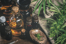 CBD Oil Bottles And Green Plant Of Cannabis On A Wooden Background. Herbal Medicine.