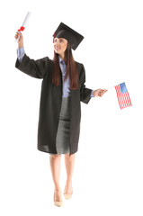 Wall Mural - Female graduate with diploma and USA flag on white background