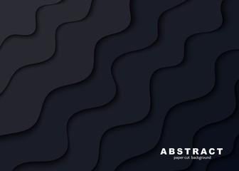 Wall Mural - Papercut abstract wave black shape background. Layered backdrop with dark grey wavy line form paper and shadow. Horizontal vector wallpaper for creative advertising poster in a trendy style